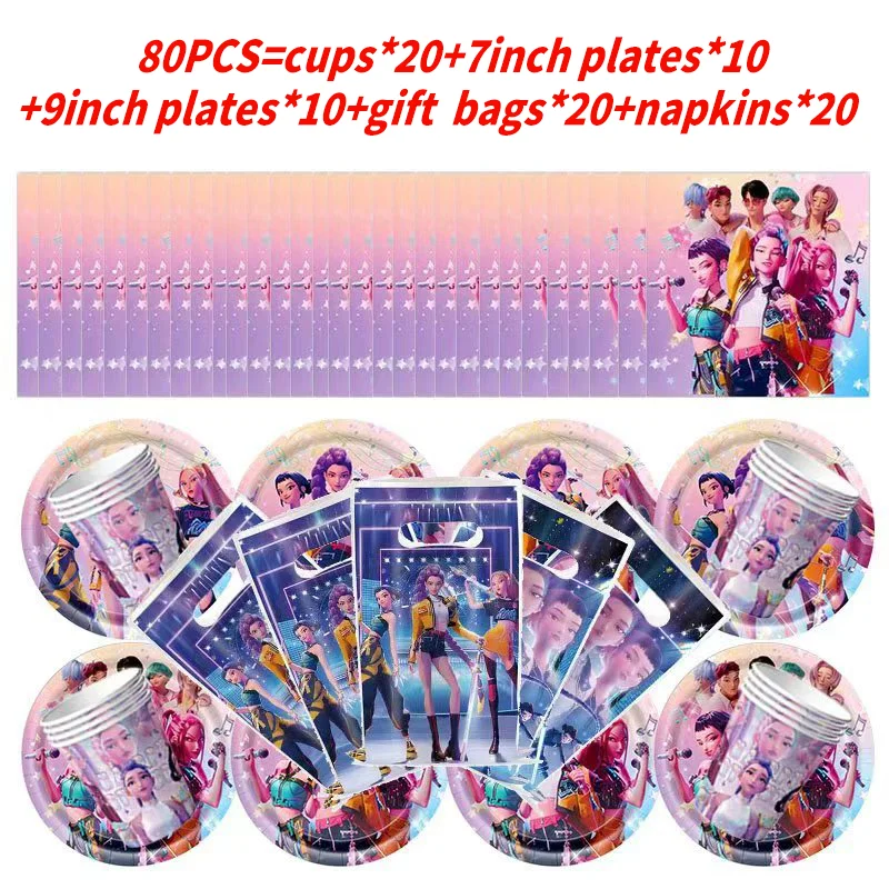 Kpop Demon Hunters decoraciones de cumpleaños Anime Kpop Demon Hunters tema globo conjunto telón de fondo bolsa platos taza suministros de recuerdo de fiesta - imagen 5