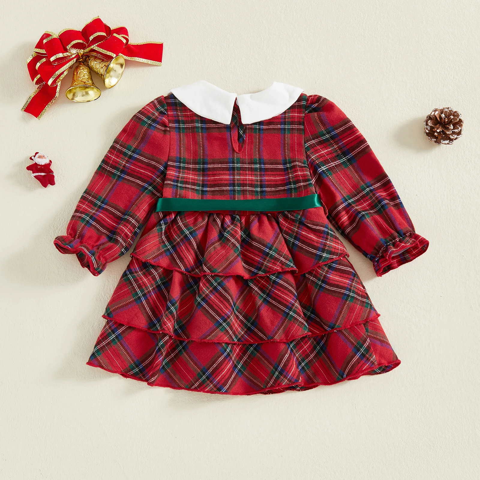 Vestido a cuadros de Navidad para niña pequeña, cuello de muñeca, manga larga, corte en A, vestido con volantes en capas y cinturón, ropa bonita para invierno y otoño - imagen 2