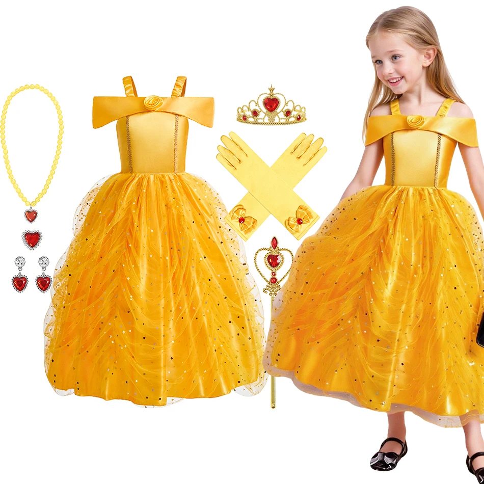 Vestido de Cosplay de Bella amarilla para niña, disfraz de princesa para niños, ropa de fiesta de actuación de cumpleaños y Carnaval de Halloween