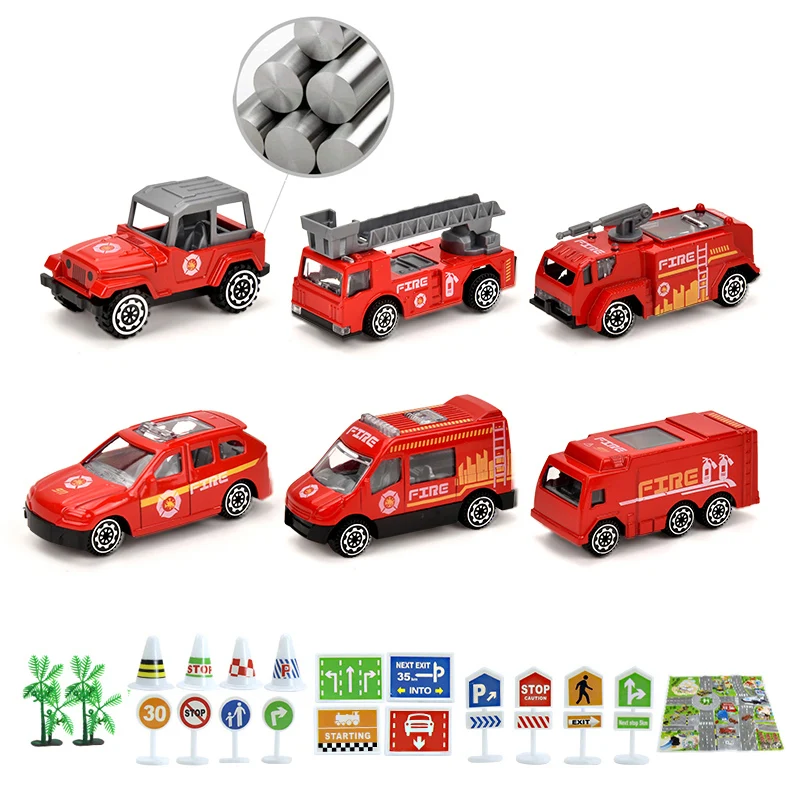 Juguetes de coches de aleación con temática de lucha contra incendios, con barricadas y mapas, coches de juguete educativos para niños, reconocimiento de señales de tráfico, ingeniería