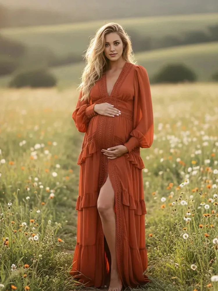 Vestido premamá bohemio con encaje para sesión de fotos embarazo