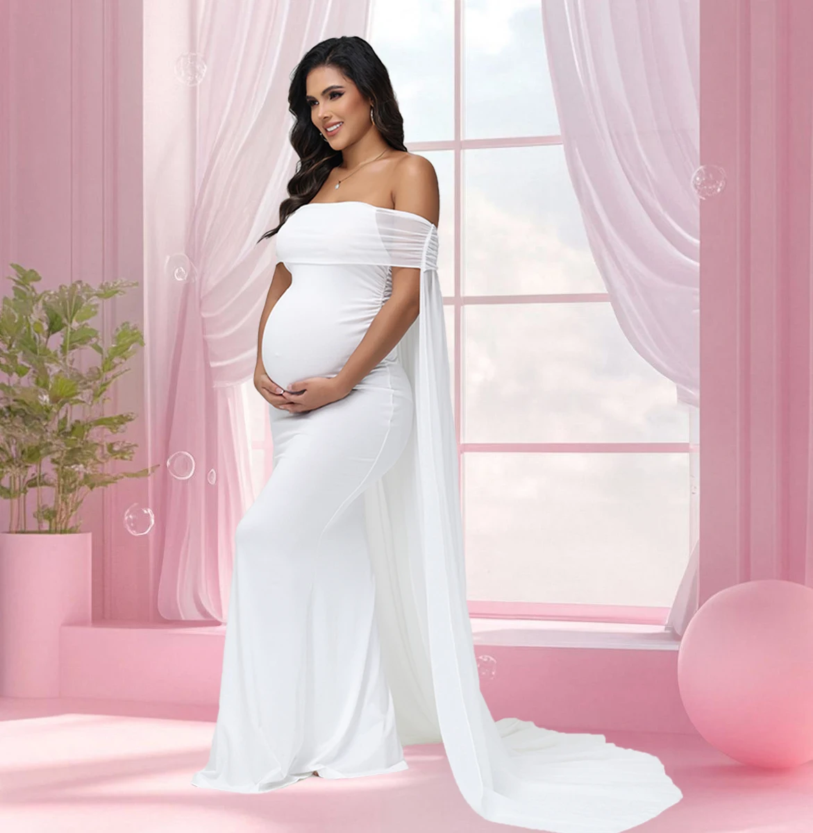 Vestido maxi de gasa para maternidad con hombros descubiertos - imagen 3