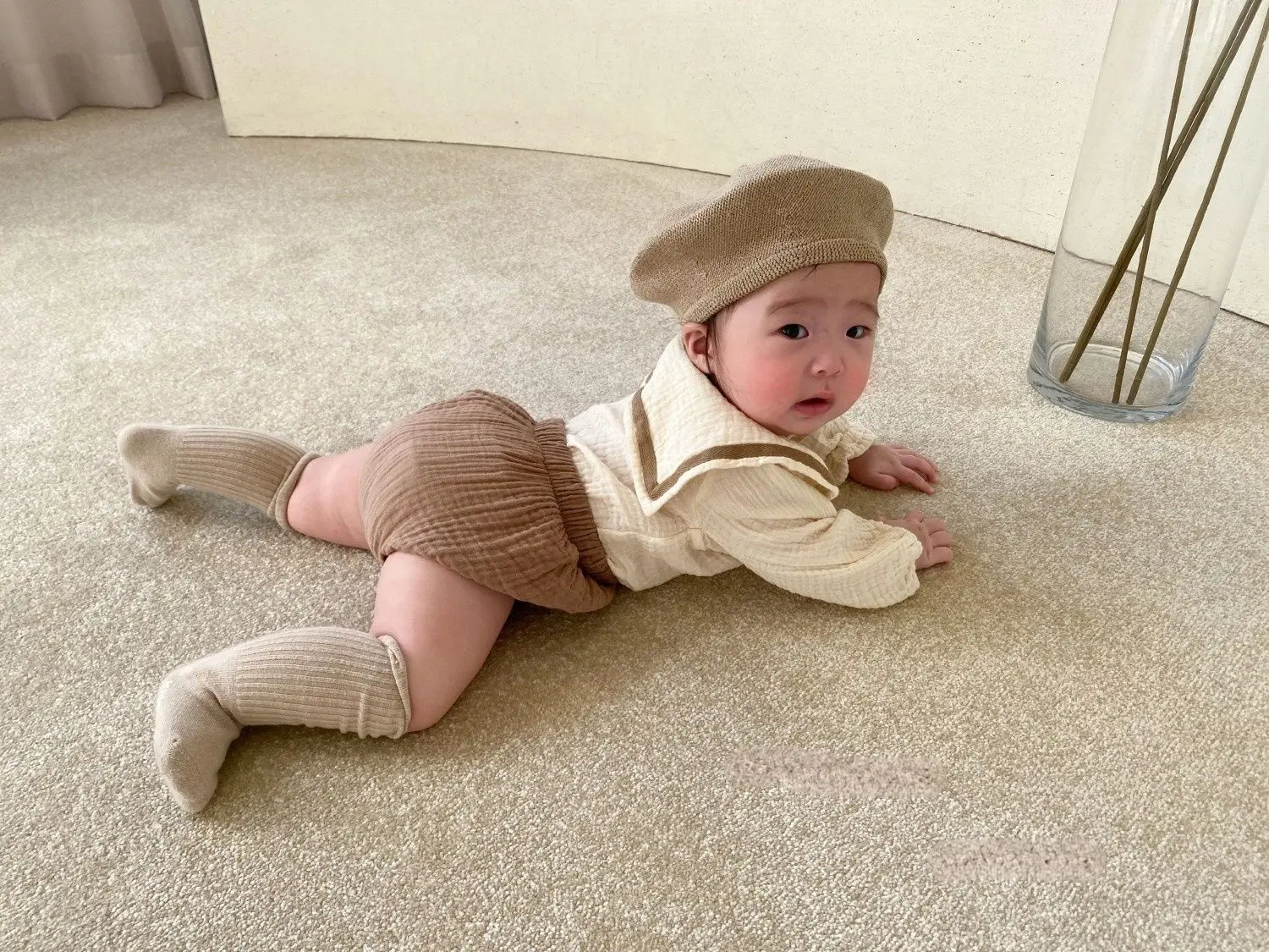 Conjunto de ropa de algodón puro para bebés recién nacidos, niñas y niños, camisetas de manga larga con cuello azul marino, pantalones de pan sólidos, 2 uds.