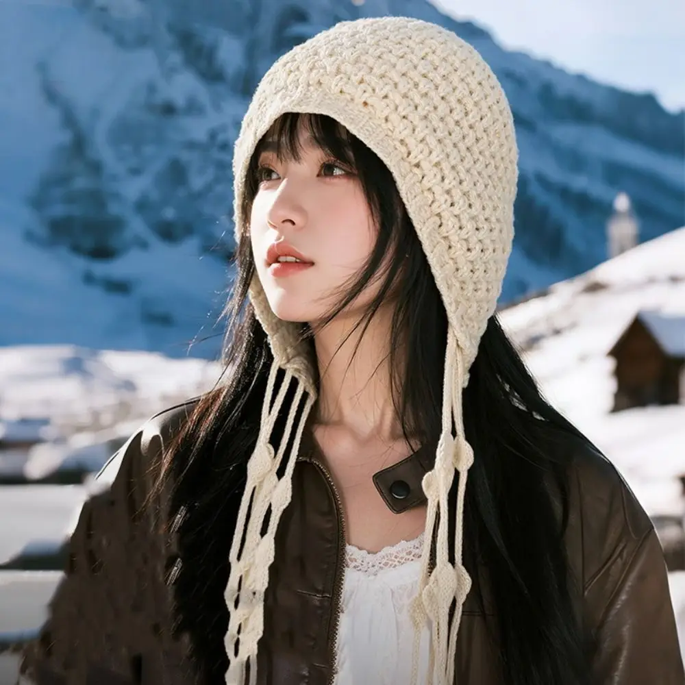 Gorro de punto de ganchillo con borlas informales, gorros con borlas de estilo bohemio calados, gorro tejido coreano hecho a mano para viaje - imagen 4