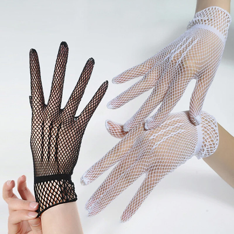 Guantes de rejilla a la moda para mujer, guantes de conducción a prueba de rayos UV de verano, guantes de rejilla de malla, guantes de nailon blanco y negro de Color sólido