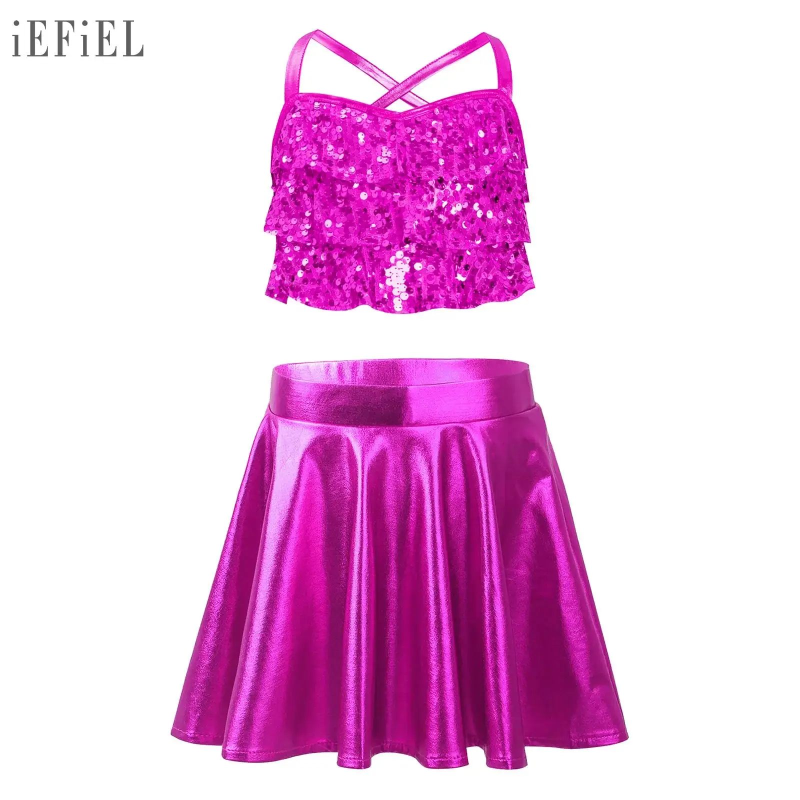 Conjuntos de baile de Jazz latino para niñas, disfraz de actuación con espalda cruzada, Top corto con volantes escalonados y lentejuelas brillantes con falda metálica