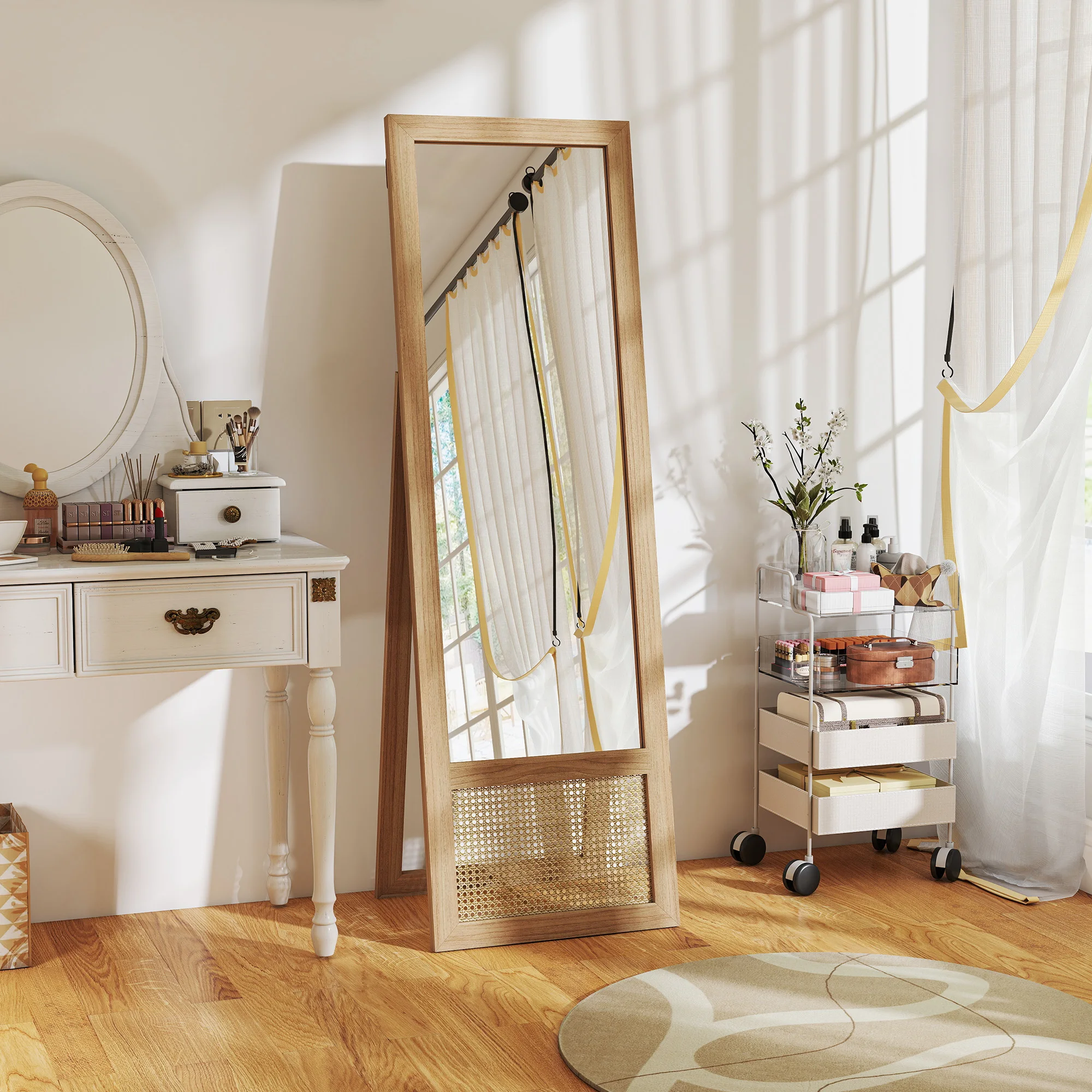 HOMCOM Espejo de Cuerpo Entero 160x50 cm Espejo de Pie o de Pared con Marco de Madera y Soporte para Salón Dormitorio Natural