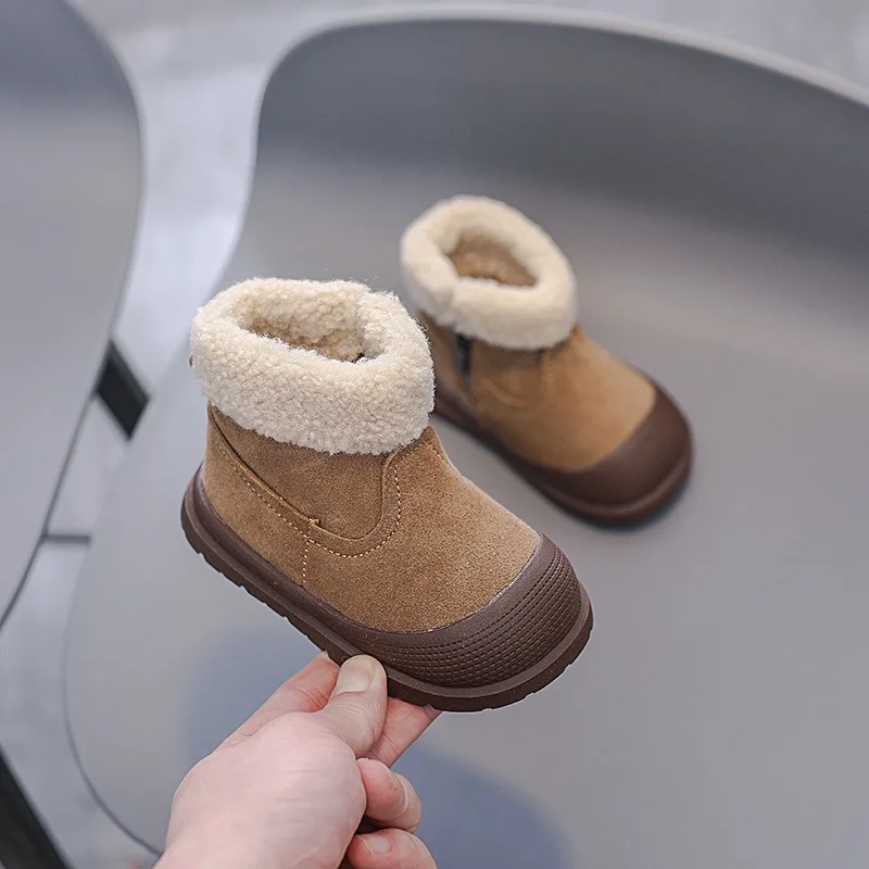 Botas de cuero genuino para bebés, niños y niñas, botas de nieve para exteriores para otoño e invierno, suela suave antideslizante, zapatos de felpa para niños pequeños - imagen 2