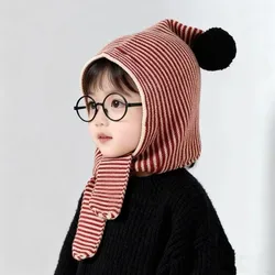 Pasamontañas coreano de invierno para bebé, gorro a rayas con protección los oídos, capucha tejida, bufanda, bombardero cálido prueba viento, gorros niño y niña