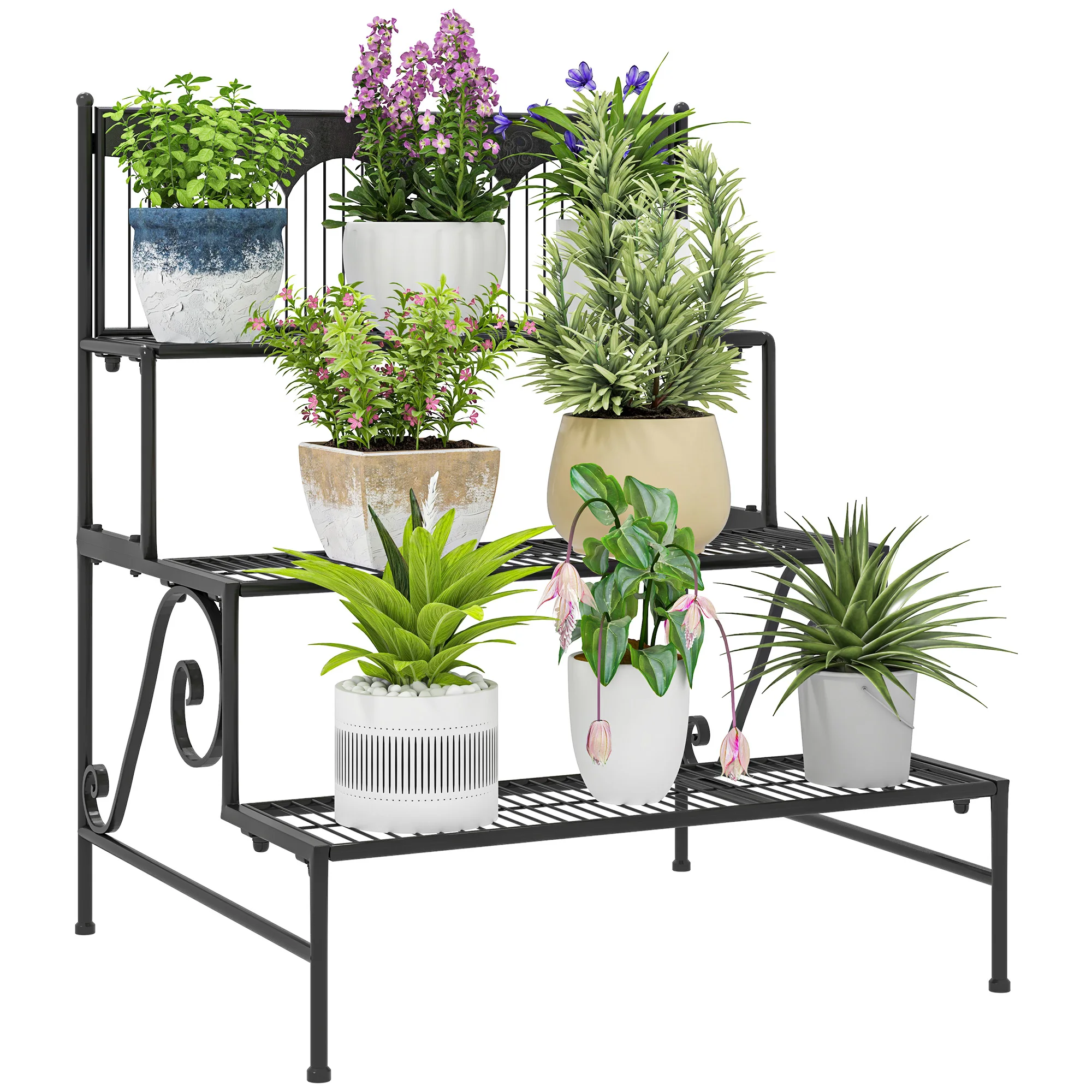 Outsunny Soporte para Plantas de 3 Niveles Estantería para Plantas para Esquina Diseño en Escalera Soporte para Macetas Interior y Exterior 73x66x85 cm Negro - imagen 2