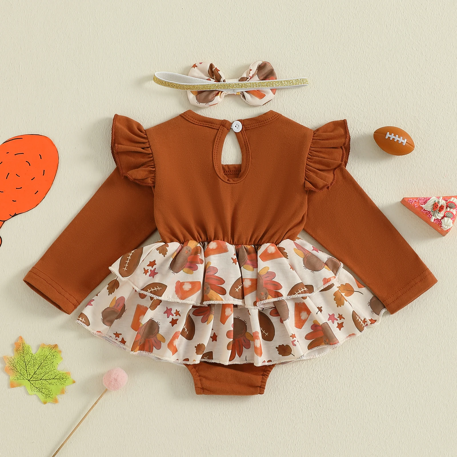 SUNSIOM Vestido mameluco para niña de Acción de Gracias con estampado de pavo bordado mono de manga larga con diadema - imagen 2