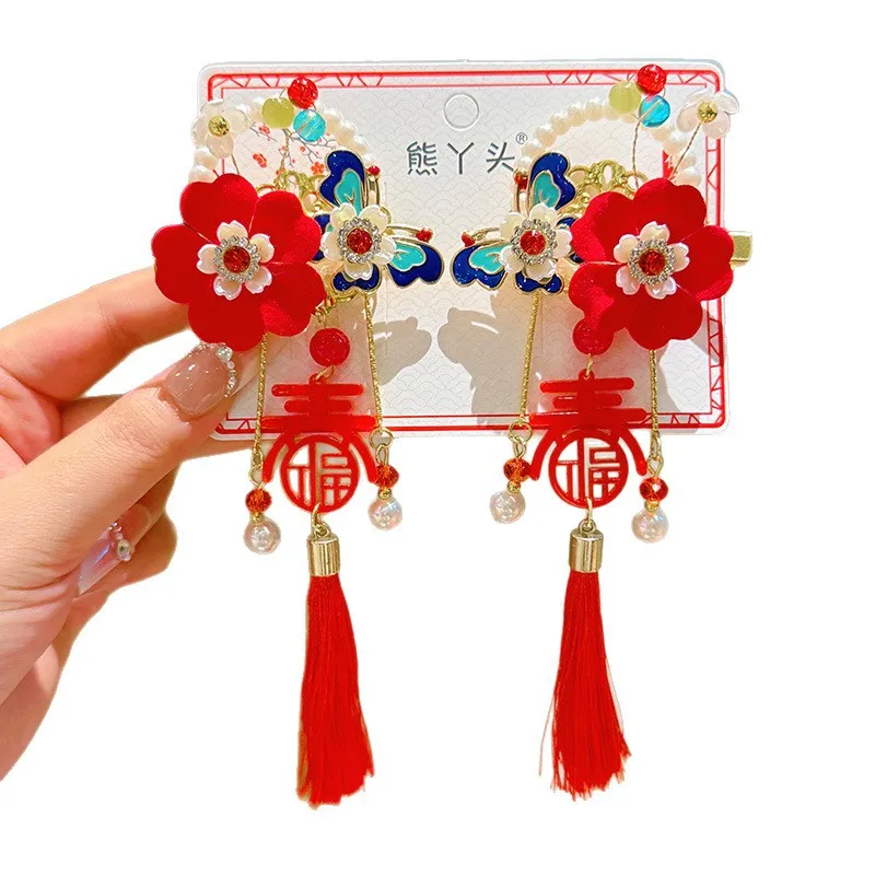 Pinzas para el cabello rojas de Año Nuevo para niños: diseño festivo de borlas, estilo antiguo, combinación perfecta para trajes de Hanfu y Año Nuevo. - imagen 5