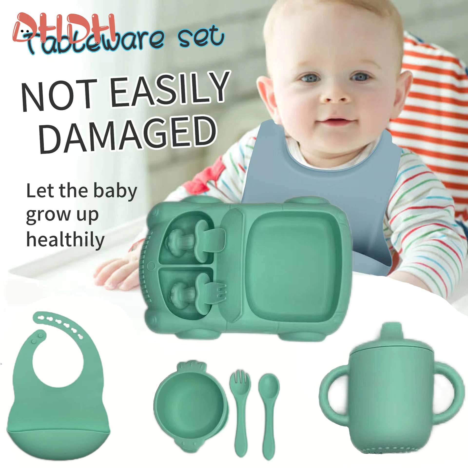 Juego de platos para niños de 8 Uds., vajilla de silicona, cuchara, tenedor, ventosas, tazones y babero, cosas para bebés - imagen 4