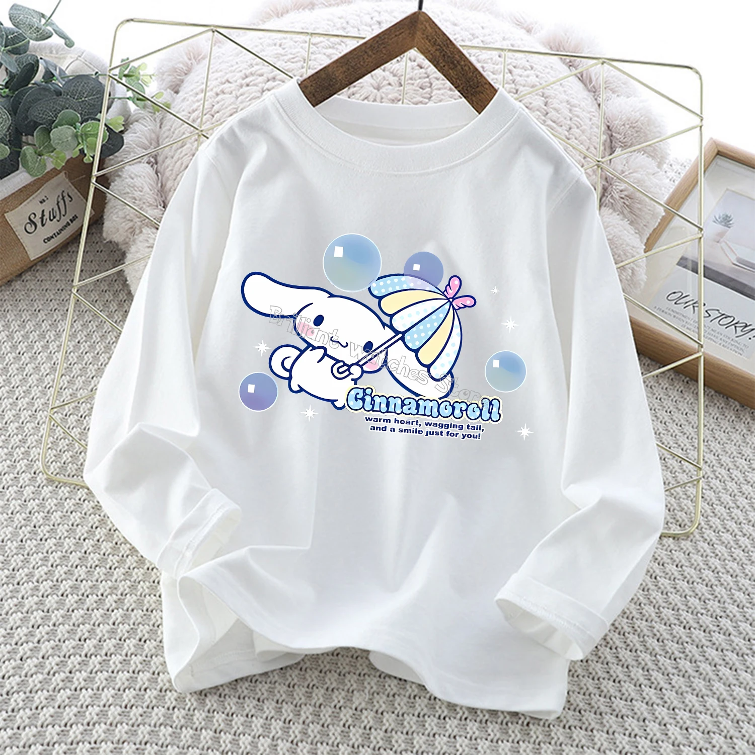 Cinnamoroll-Top de manga larga para niños, camiseta de Anime de dibujos animados, ropa informal blanca nueva, blusa, ropa de moda para niños, regalo