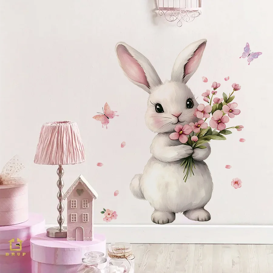 Adhesivo decorativo para pared de dibujos animados de conejo, papel autoadhesivo extraíble, dormitorio, sala de estar, pegatina decorativa para entrada - imagen 4