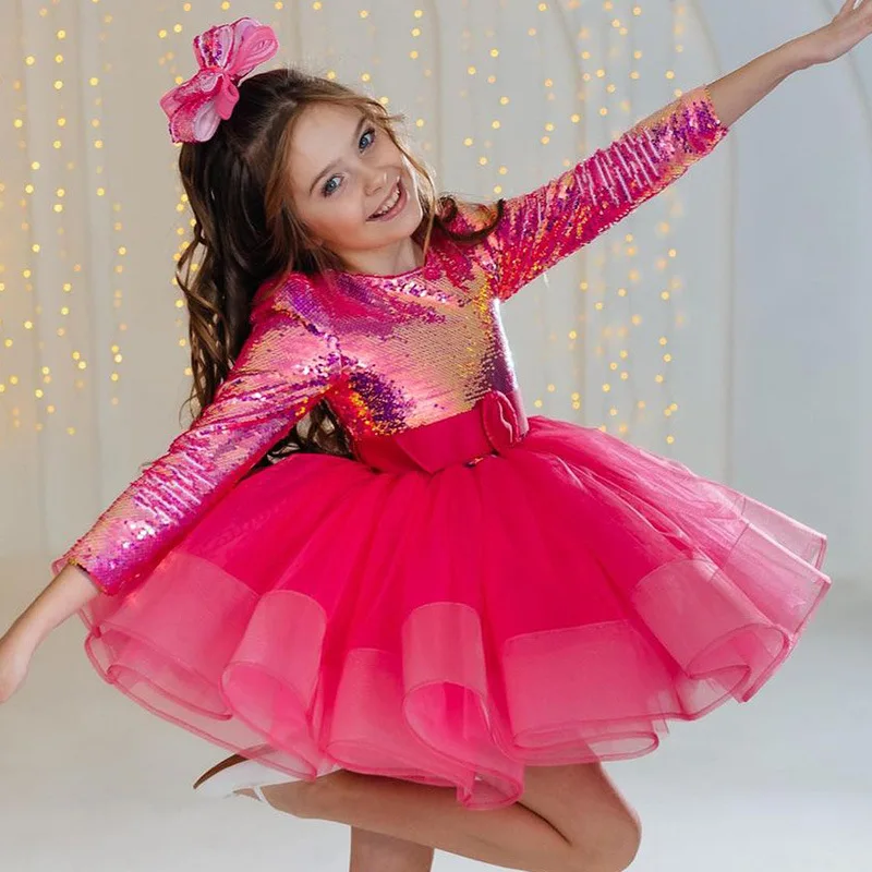 2025 Vestido de princesa de manga larga para niñas, vestido de lentejuelas magenta para Piano Recital, desfile de moda, fiesta brillante, ropa Formal, vestido de niña - imagen 4