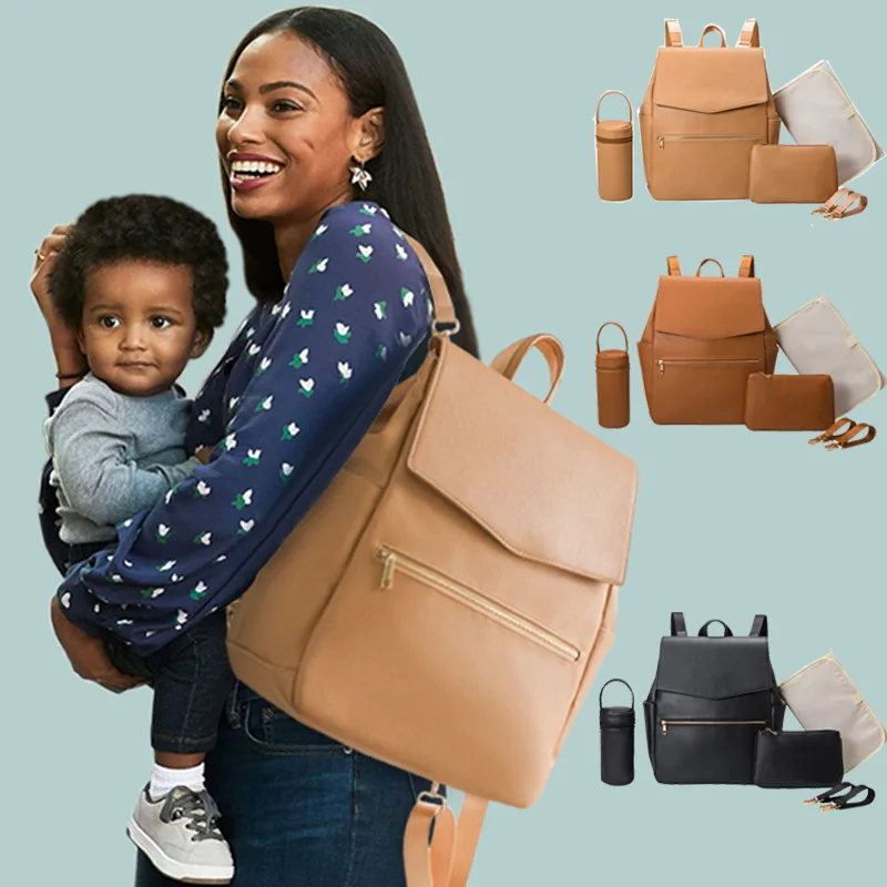 Bolsa de pañales de cuero PU, mochila de gran capacidad, bolsa de pañales para bebés, bolsa de maternidad impermeable para cochecito con almohadilla para pañales