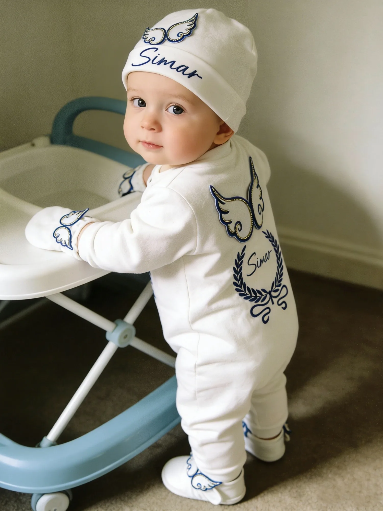 Conjunto de traje de ángel para bebé, color azul, blanco y dorado, ropa para recién nacido estilo Príncipe para uso diario, sesión de fotos, bautismo