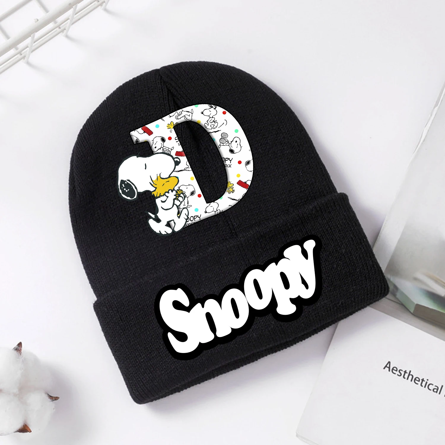 Gorro tejido de Snoopy para niños, A-Z con letras de dibujos animados, gorro tejido para niños y niñas, gorro de Anime negro, decoración, gorros, regalo para niños - imagen 4