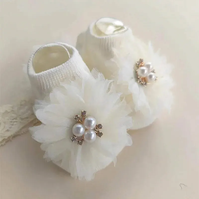 Conjunto de calcetines con lazo de perlas para bebé, calcetín de algodón antideslizante, banda para el pelo para recién nacido, turbante, accesorios para el cabello para niña - imagen 5