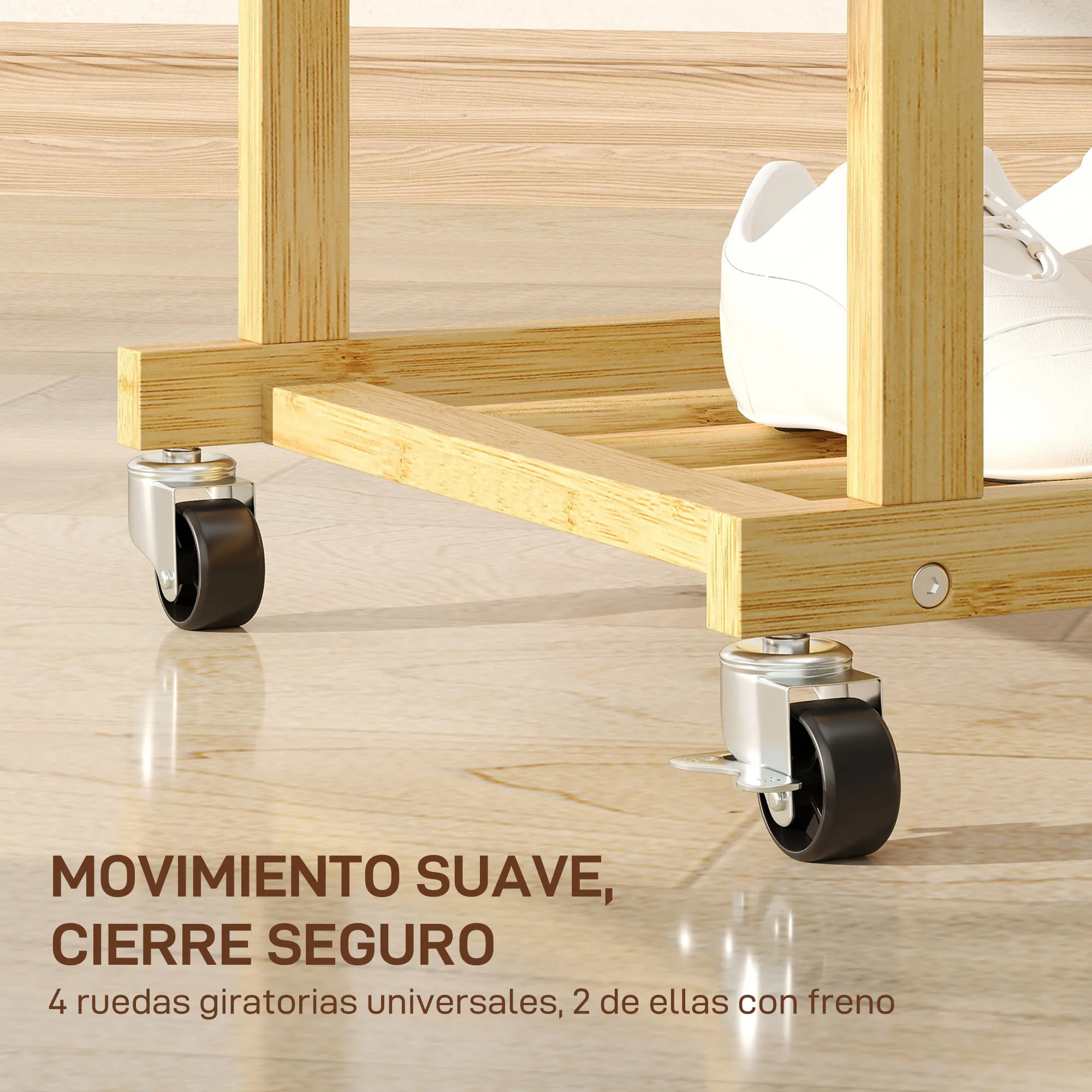 HOMCOM Burro Ropa, Perchero Colgador de Ropa de Bambú con Ruedas, con Zapatero, 2 Barras para Colgar, para Entrada, Pasillo, Dormitorio, 80x40x160 cm, Natural - imagen 5