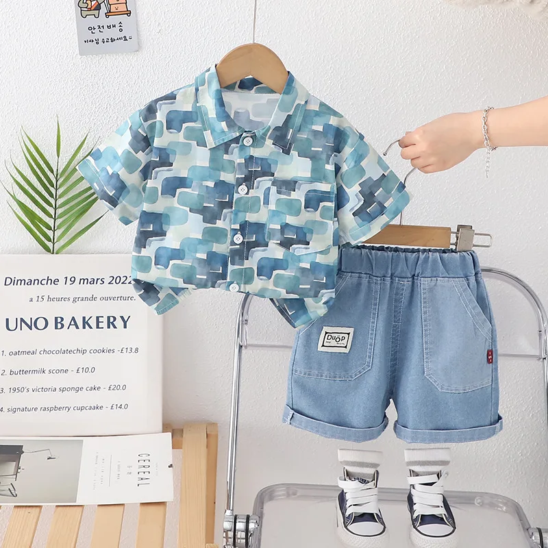 Ropa de moda de verano para bebés, traje para niños, camisa de manga corta, pantalones cortos, 2 unids/set, ropa para niños, disfraz informal de algodón para niños - imagen 2