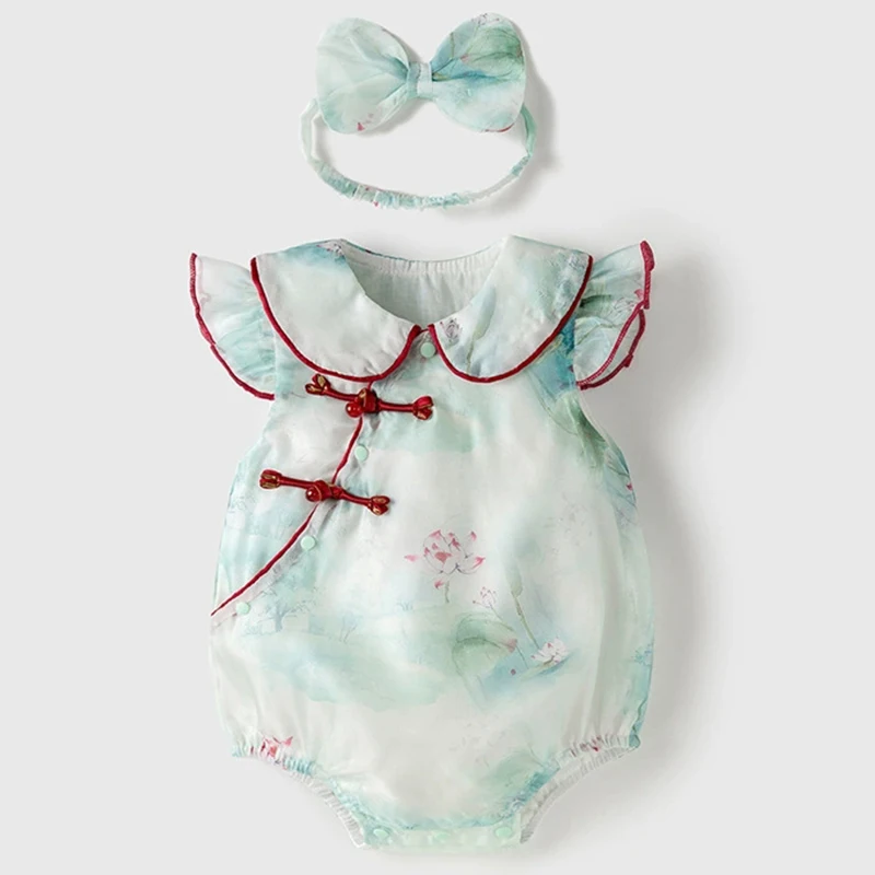 Conjuntos de 2 piezas de ropa de verano para niña, pelele de algodón sin mangas con cuello de muñeca de estilo chino, monos, artículos para bebé recién nacido BC033