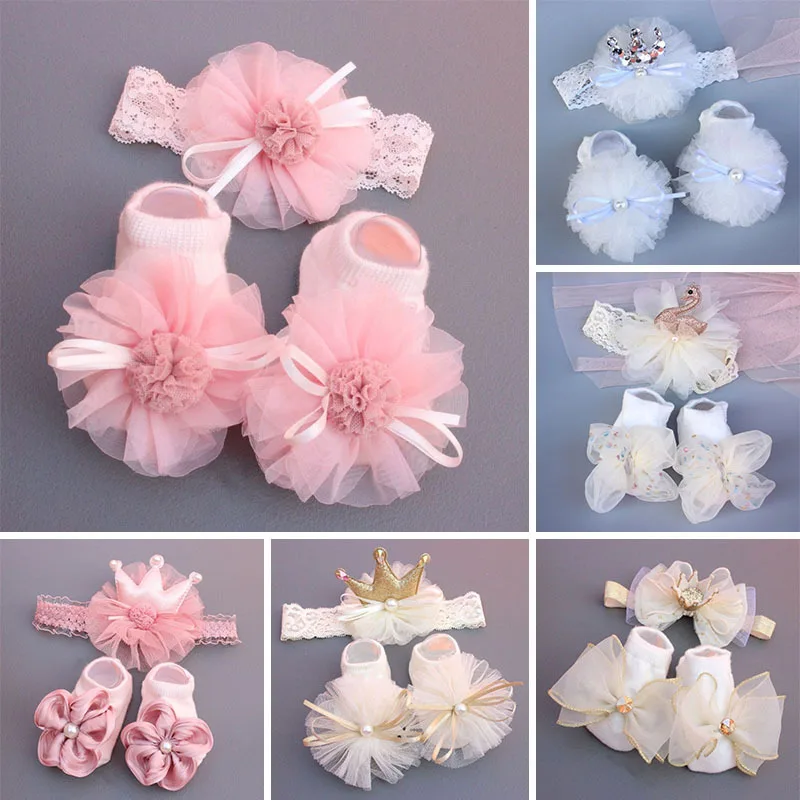 Conjunto de 2 uds de calcetines con diadema para bebé, accesorios para el cabello con lazo de encaje para niña, diadema para niño recién nacido, gorros, calcetines bonitos para niño pequeño, regalo