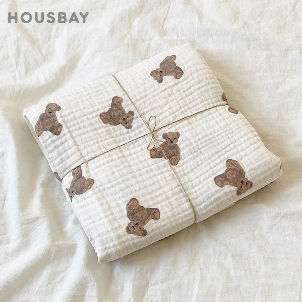 Manta de muselina con estampado de oso para bebé, funda transpirable para cochecito de bebé, manta envolvente de gasa de algodón, ropa de cama, Toalla de baño infantil