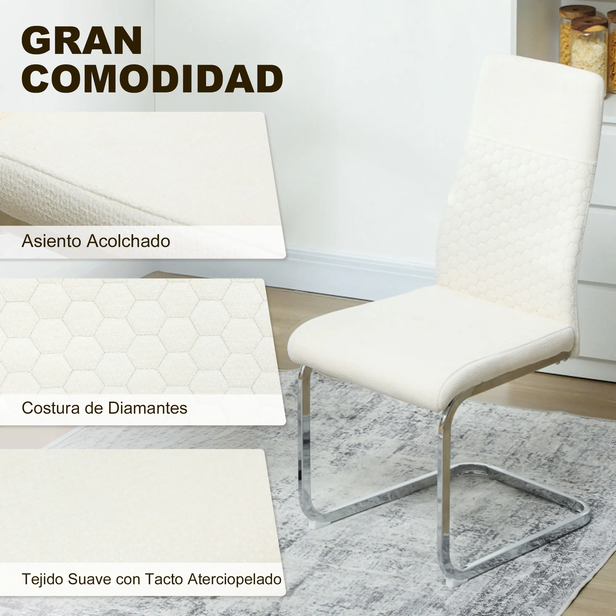 HOMCOM Juego de 4 Sillas de Comedor, Sillas de Cocina con Asiento y Respaldo Acolchado, Tapizado en Terciopelo, Patas de Acero, para Oficina, Conferencia, Sala de Estar, Crema - imagen 4