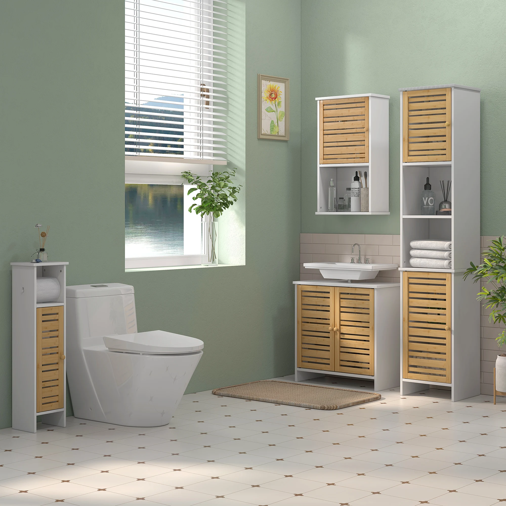 HOMCOM Columna de Baño Moderna Mueble Auxiliar de Baño con Portarrollos de Papel Estantes Ajustable y Puerta de Bambú Anti-vuelco 21x17x78 cm Blanco y Natural - imagen 2
