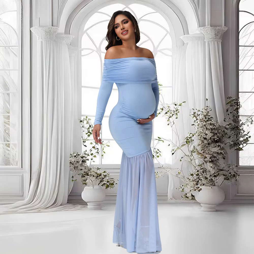 Vestido de maternidad con hombros descubiertos y cola de pez para fiesta - imagen 4