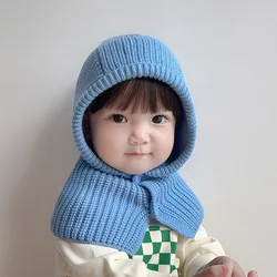 Gorro de invierno de Color sólido para bebé, gorros tejidos para niños, gorro para niñas y niños, bufanda, gorro con protección para los oídos, bufanda con capucha, gorro tejido