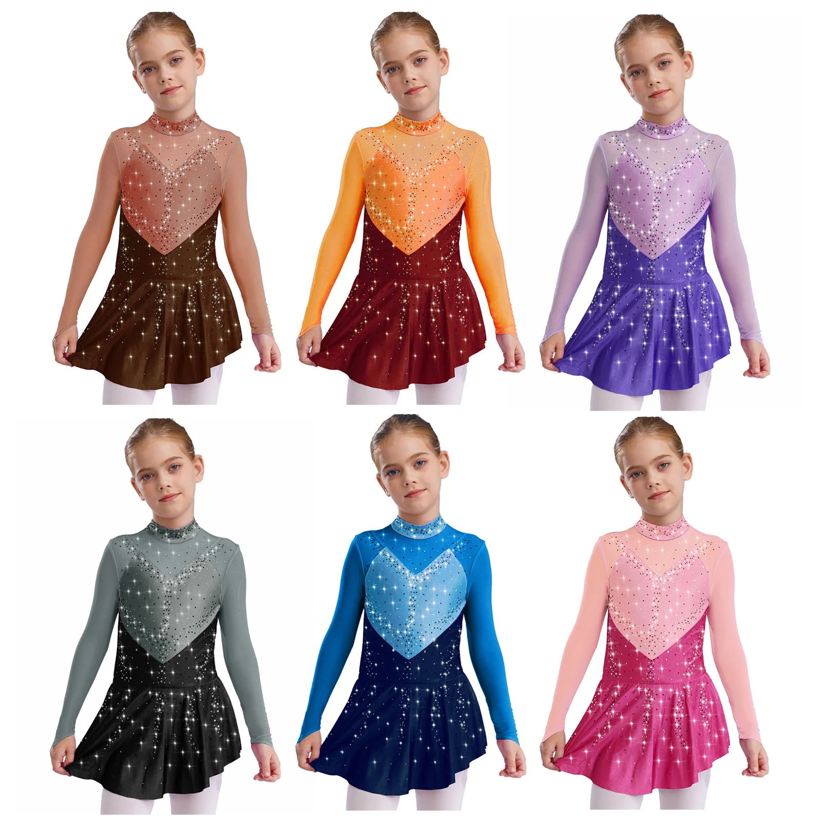 Vestido de baile de patinaje artístico para niñas, leotardo con falda para gimnasia y Ballet, vestido de malla transparente con diamantes de imitación y bloques de Color de manga larga - imagen 2