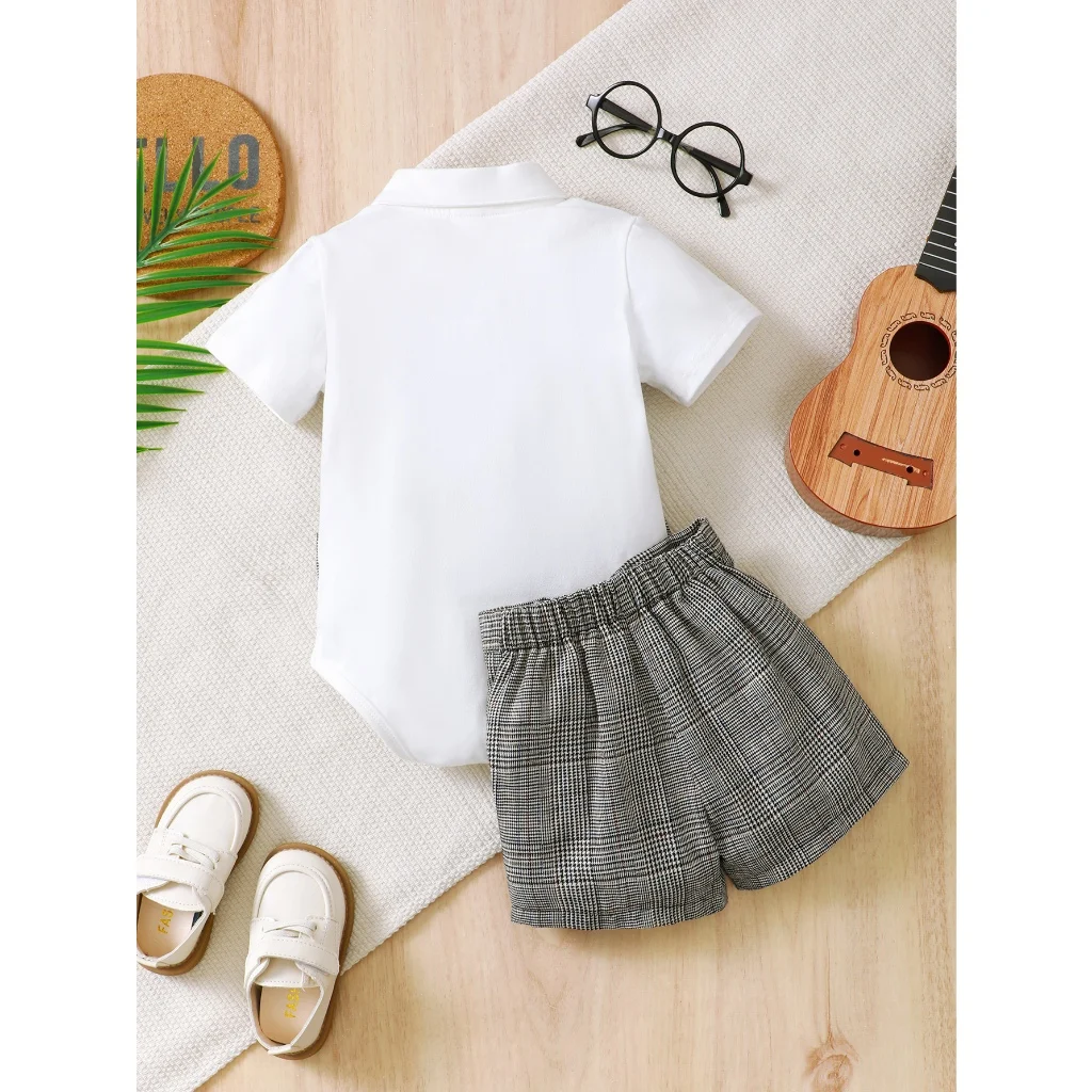 Conjunto de ropa de caballero para bebés de 0 a 3 años, mono gris oscuro + pantalones cortos a cuadros, trajes de 2 uds., disfraz de fiesta de cien días de luna llena para bebé - imagen 5