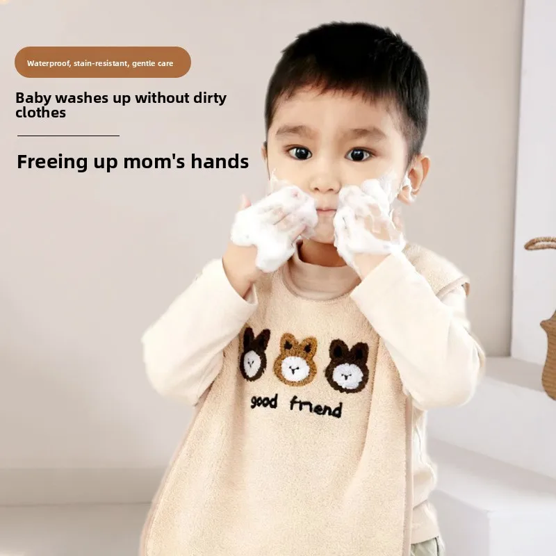 Babero y toallita de lana Coral para niños, bata multifuncional para bebé para cepillar dientes, limpieza facial y de manos, toalla absorbente para babas - imagen 2