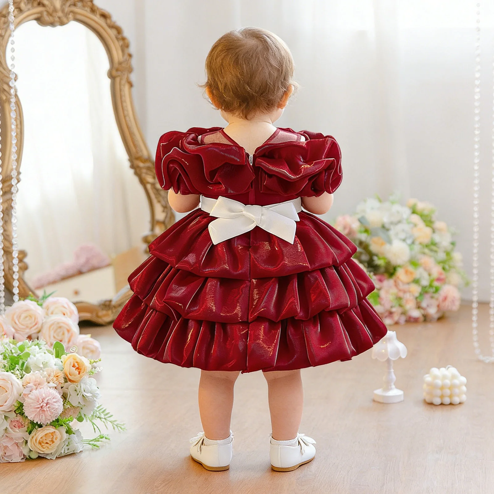 Vestido de princesa con volantes y lazo – Ideal para bodas y fiestas - imagen 3