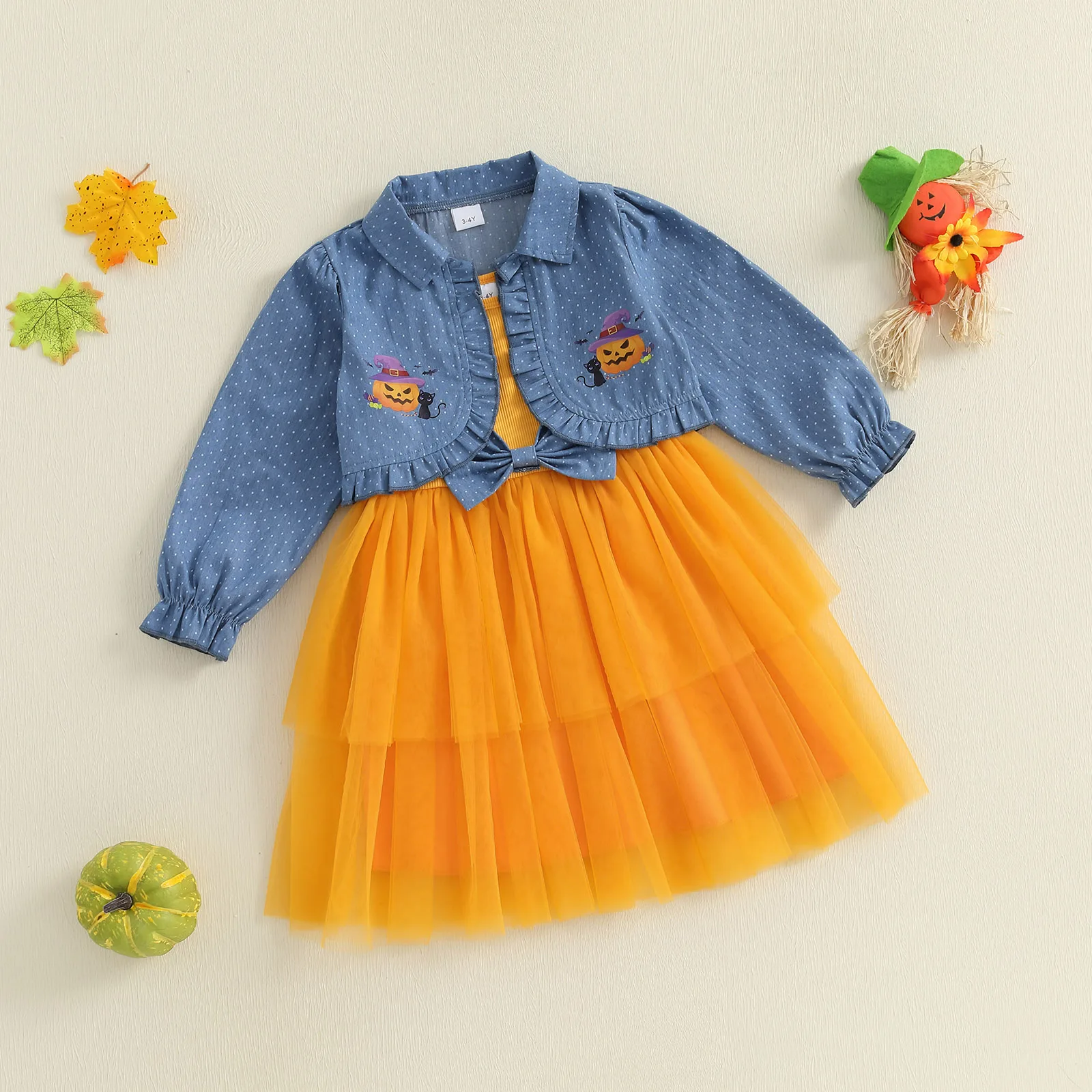 Tregren Vestido Halloween niña – tirantes finos tul estampado calabaza - imagen 4