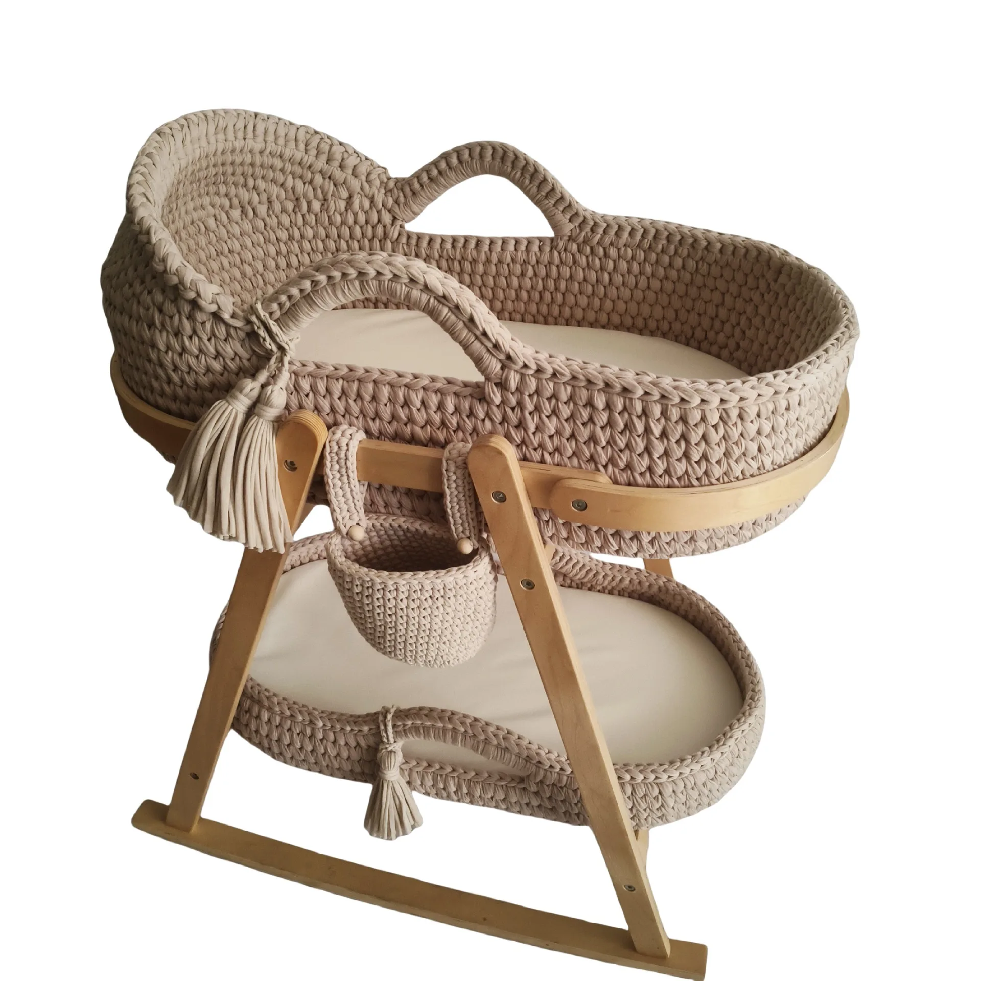 Cuna Moses hecha a mano, marco de mano, cuerda de algodón, tira de tela tejida para cuna, cesta de mano relajante para dormir para recién nacidos - imagen 4