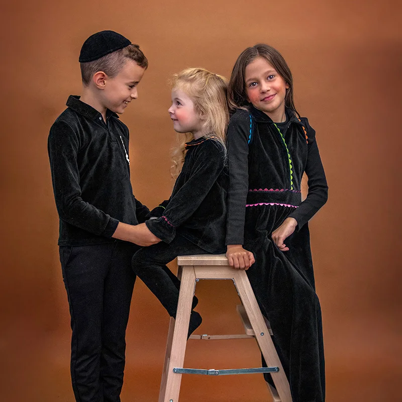 Conjunto de terciopelo negro Shabbos otoño-invierno infantil unisex