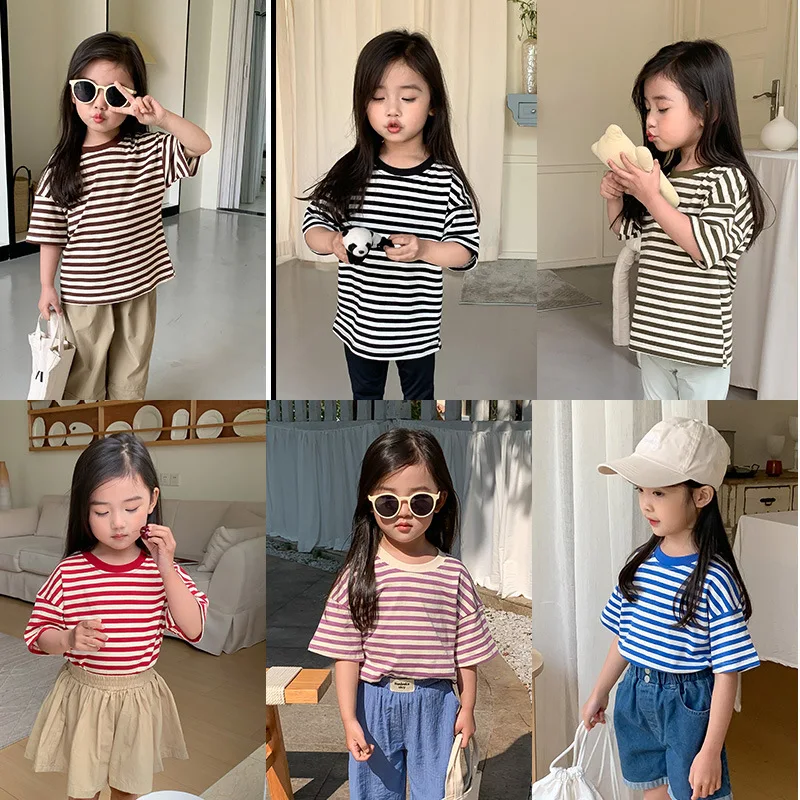Camiseta de manga corta a rayas de verano para niños, camiseta de algodón a rayas azules, rojas, rosas y blancas para niños y niñas