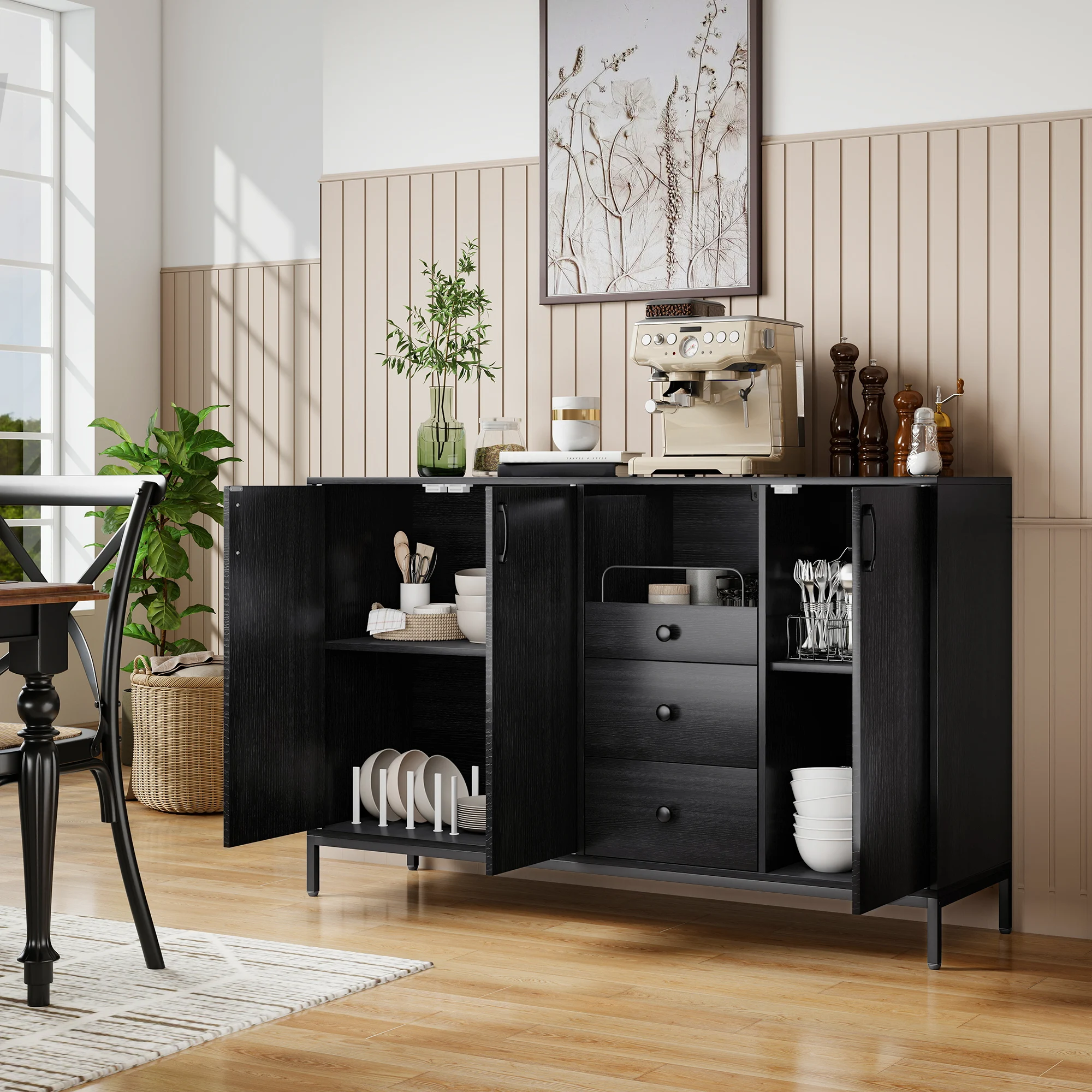 HOMCOM Aparador de 3 Puertas, Aparador de Salón con 3 Cajones, Estantes Ajustables, para Cocina, Entrada, Comedor, Dormitorio, Negro, 143,5x40x90 cm - imagen 2