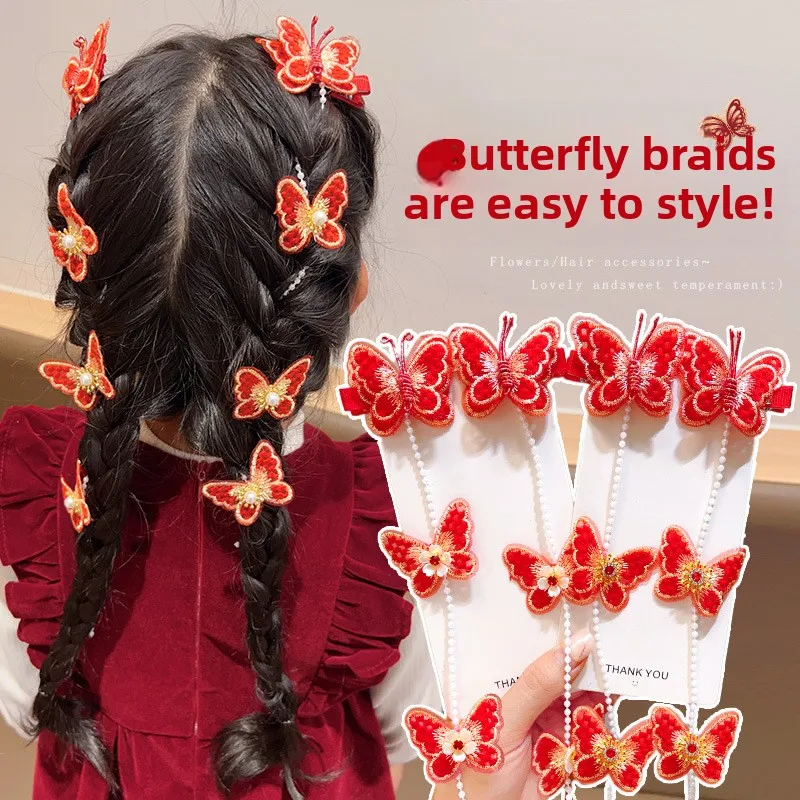 Pinzas para el cabello de mariposa retro de Año Nuevo para niños, borlas festivas, perfectas para trenzas, tocados esenciales para el Festival de Primavera para niñas - imagen 4