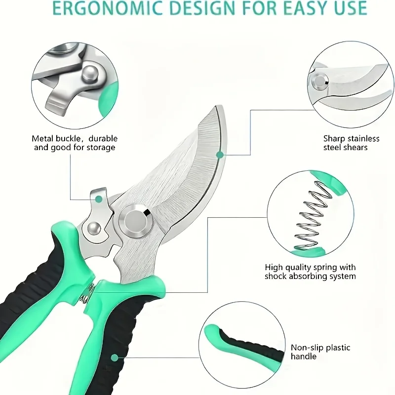 Tijeras de podar acero inoxidable con mango ergonómico verde