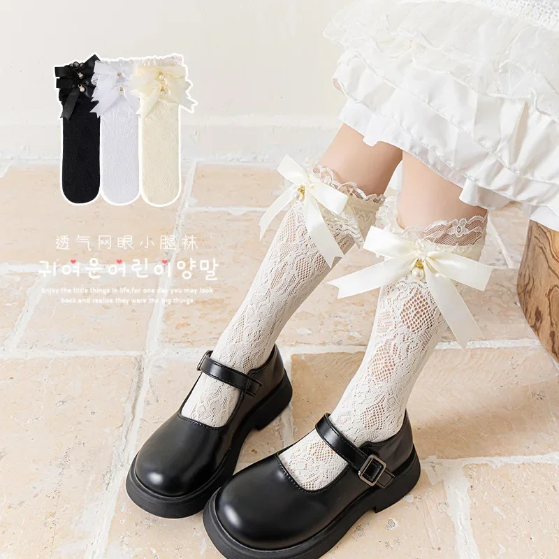Calcetín Retro de princesa dulce para niños y niñas, calcetín calado de Color sólido con lazo a la moda, calcetín escolar de algodón fino de verano - imagen 2