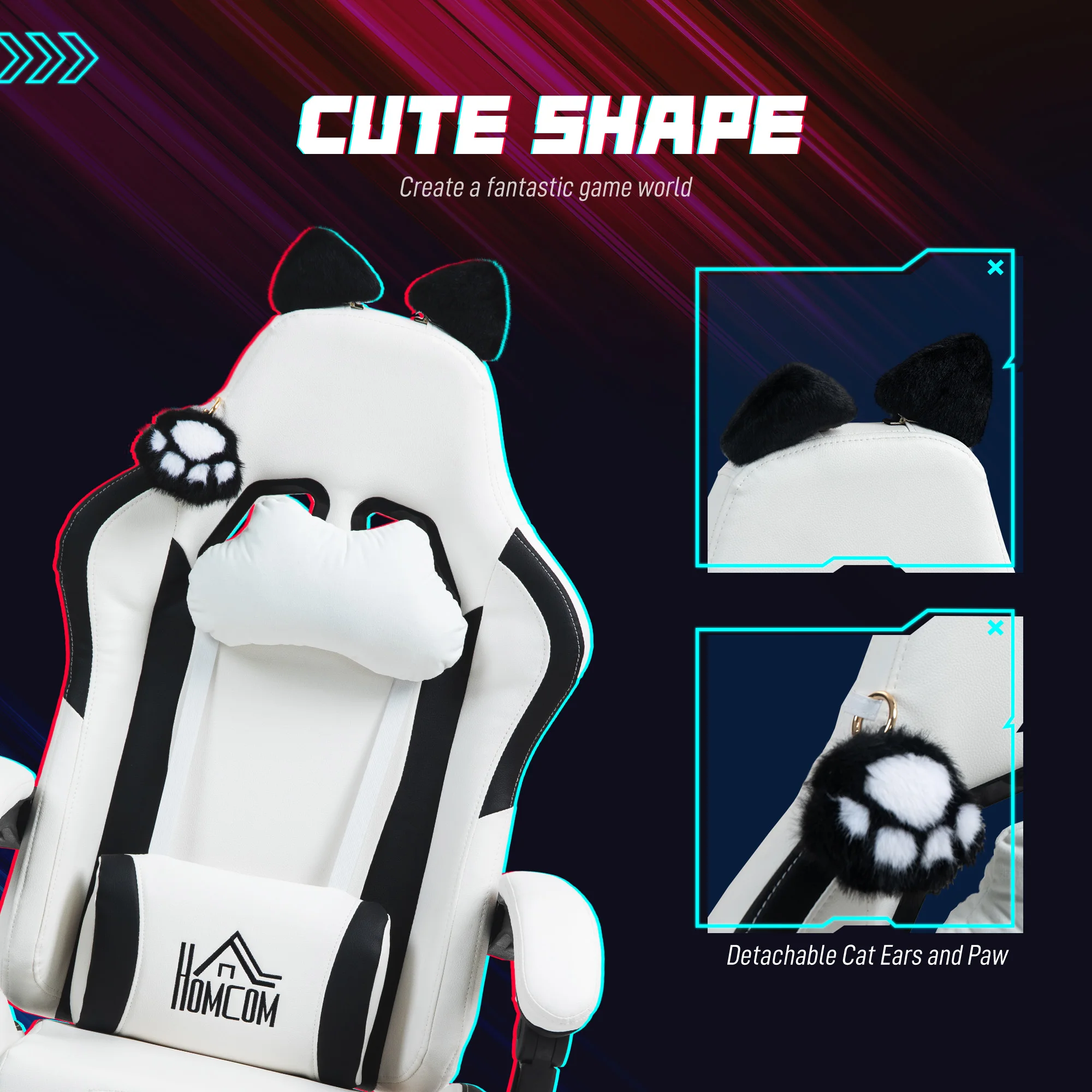 HOMCOM Silla Gaming con Orejas Silla Gamer Reclinable con Altura Ajustable Reposapiés Retráctil Soporte Lumbar y Reposacabezas Desmontable Silla para Oficina Estudio - imagen 4