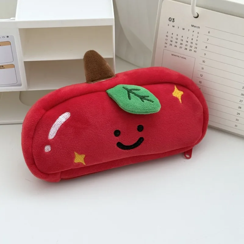 Bolsa para bolígrafos bordada de doble cara con dibujos animados, estuche para lápices de felpa de manzana, organizador de papelería, bolsa de cosméticos, regalo para niños, 1 ud.