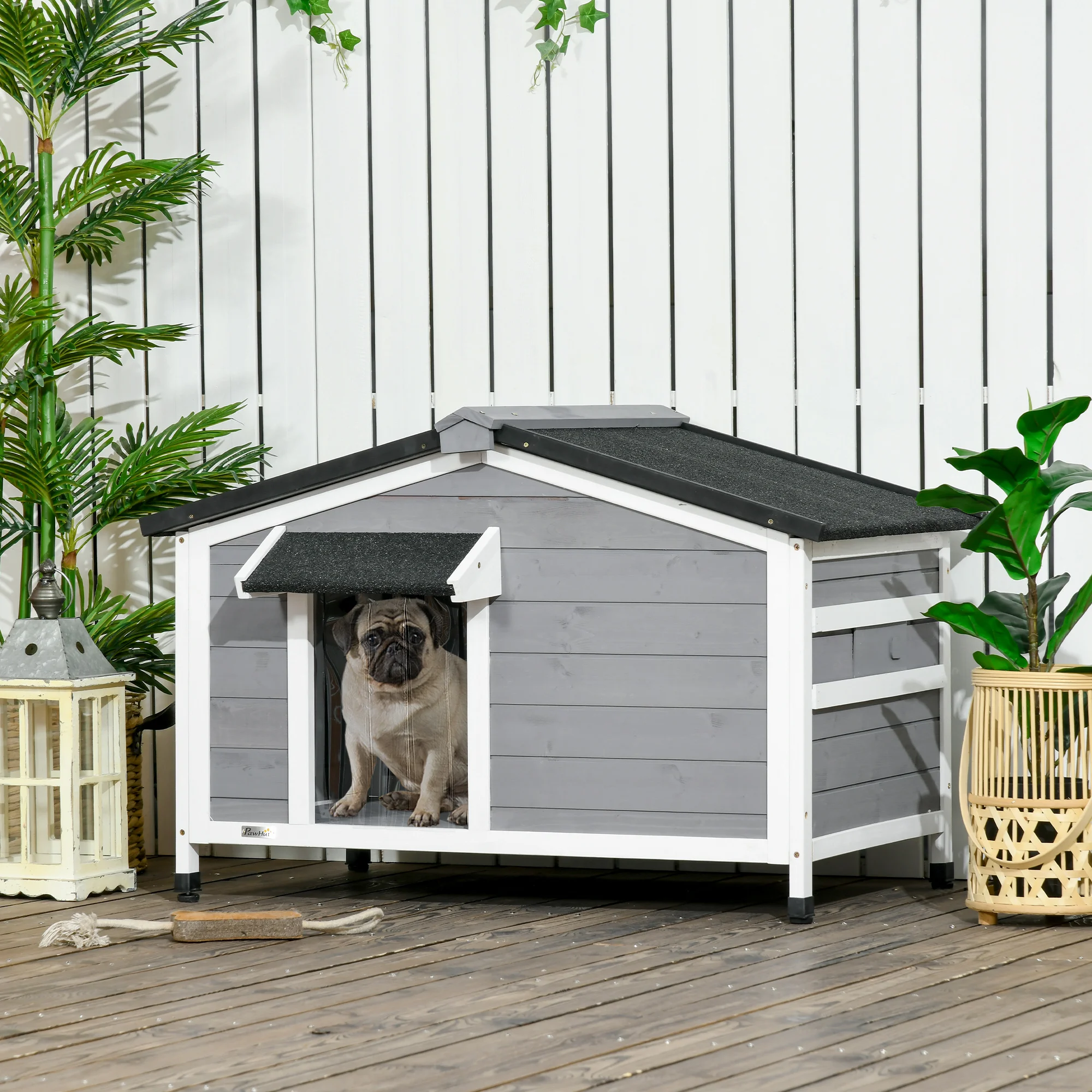 PawHut Caseta para Perros de Madera 97x72x65 cm Casita para Mascotas con Techo Asfáltico Abatible 2 Ventanas Puerta con Cortina y Base Extraíble