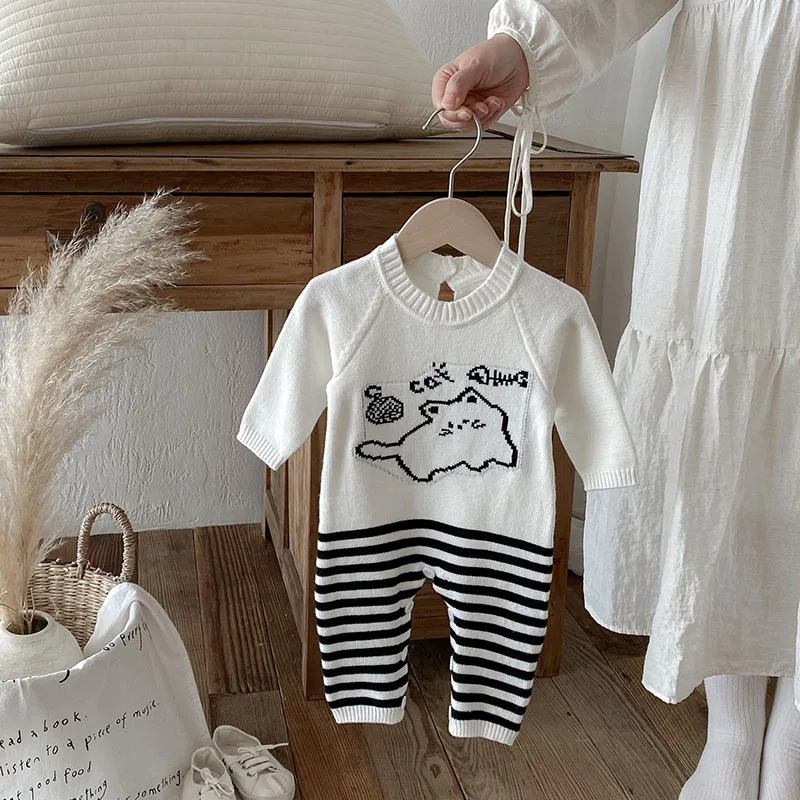 MILANCEL, nuevos peleles de otoño para bebé, 3M-3T, mono de gato bonito a rayas blancas y negras para niñas, mono de punto fino de una pieza para niños pequeños