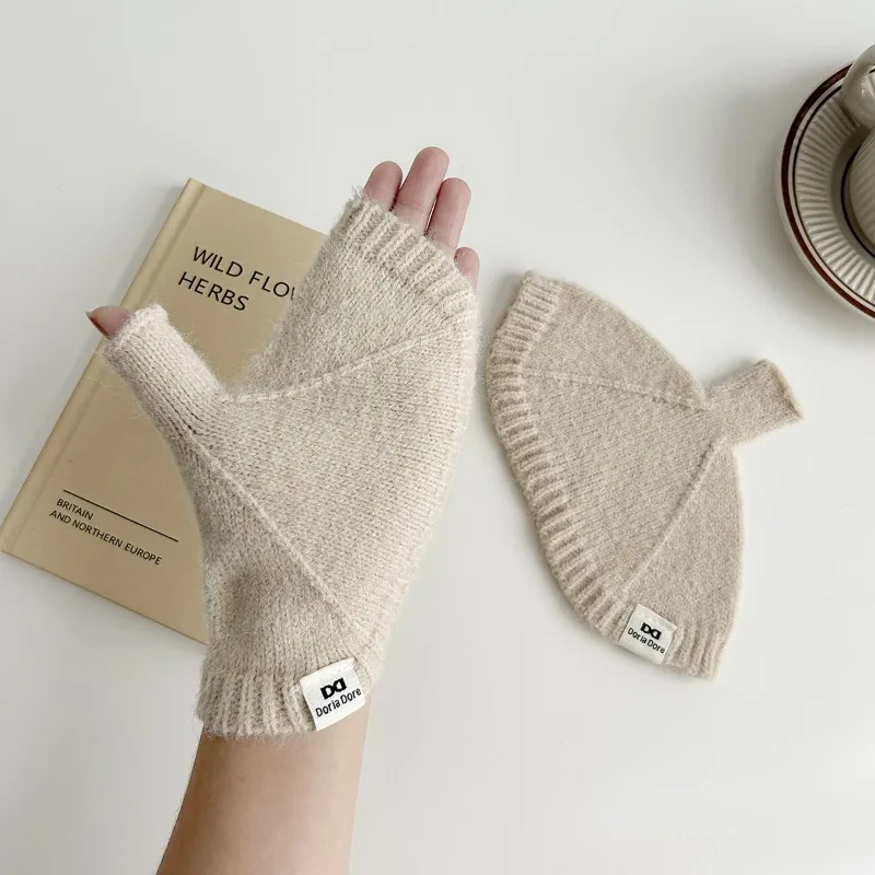 Guantes de lana tejidos con medio dedo: color liso, versátiles, gruesos y cálidos para otoño-invierno. Compatible con pantalla táctil, calentadores de muñeca. - imagen 4